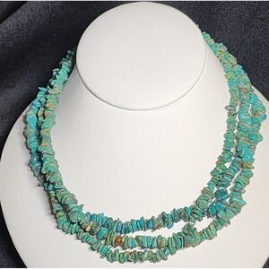 VTG 3 Strand Chip Turquoise Nuggets 925 Sterling Silver Necklace 47g Southwest